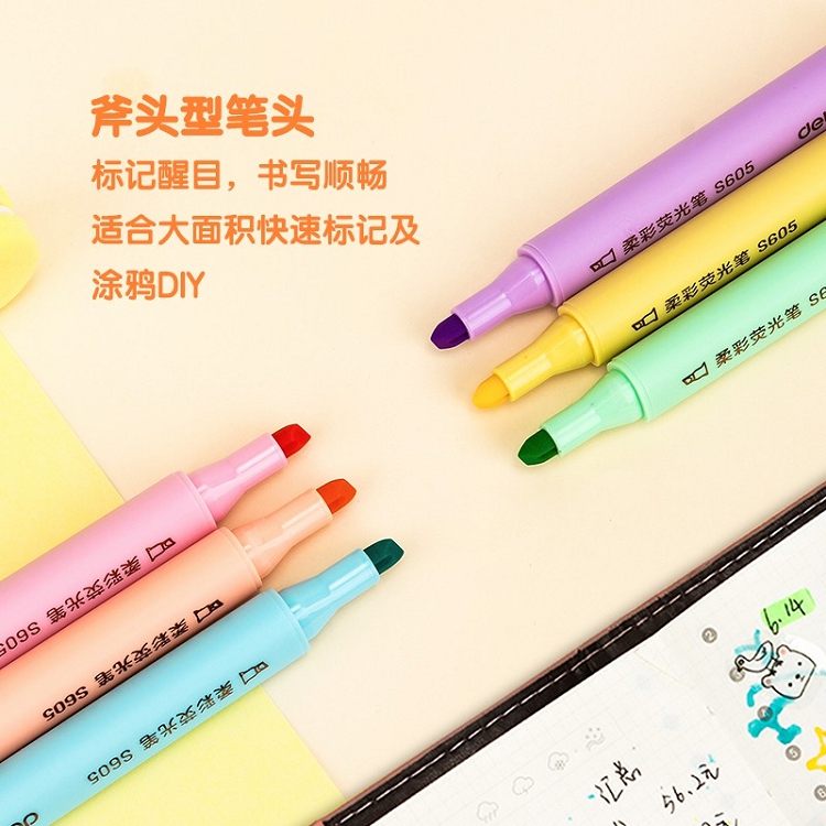 得力（deli）雙頭熒光筆重點醒目劃線筆標記筆記號筆彩色筆套裝辦公學生文具 6支/盒 三角桿熒光筆S605_http://gzyiqian.cn/img/images/C202103/1615972936195.jpg