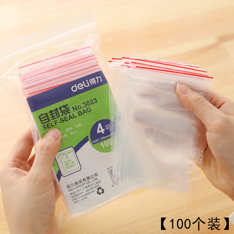得力（deli） 3023 自封袋(透明)-4號(100個/包)120ｘ85mm0.04mm_http://gzyiqian.cn/img/sp/206/979e20f0-fc7b-4924-ae16-ea41a488d845.jpg