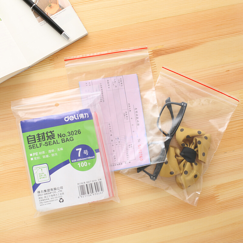 得力（deli） 3026 自封袋(透明)-7號(100個/包)200ｘ140mm0.04mm_http://gzyiqian.cn/img/sp/206/c5f1a81b-3433-4b02-b273-1880ed038910.jpg